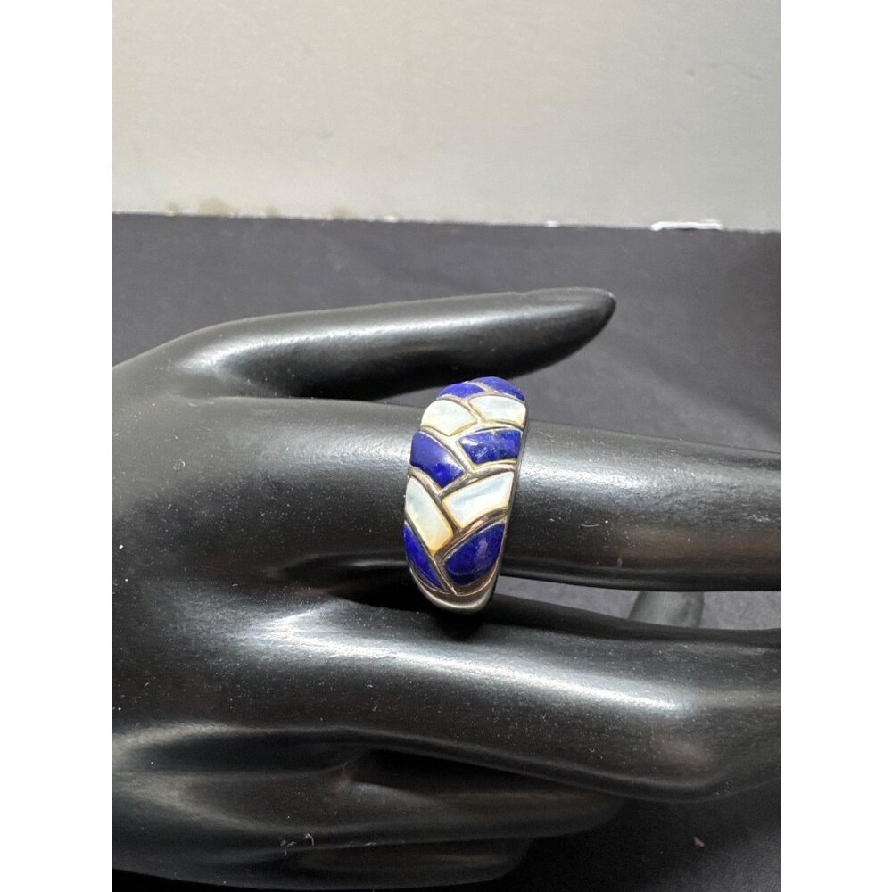 Vintage Sterling Silver 925 Inlay Blue Lapis & White Mother Of Pearl Ring Size 1